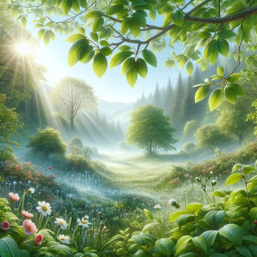 Serene spring morning with lush greenery and blooming flowers, dew on leaves, and a soft glow from sun rays - a good morning image.