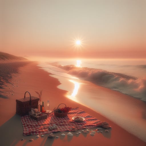 Serene beach sunrise with a romantic picnic setup, reflecting the warm hues of morning for a good morning image