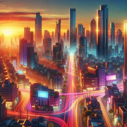 A vibrant morning cityscape illuminated by a golden sunrise, with neon signs and flowing traffic lights creating a dynamic scene without any people, good morning image.