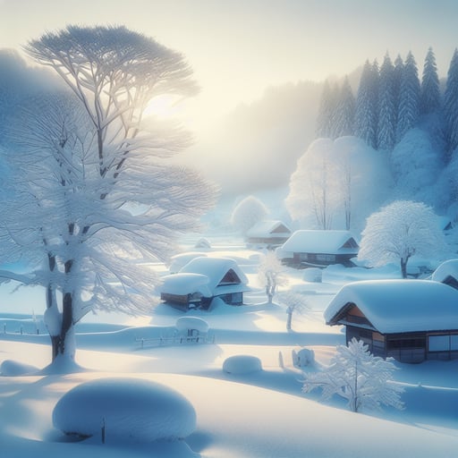 A pure, untouched winter morning, with every tree and house gently enveloped in snow, basking in the first light of dawn, evoking peace and serenity - good morning image.
