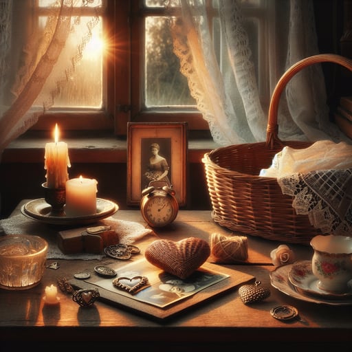 A tranquil morning scene with a lit candle, woven heart-shaped basket, vintage photograph, and delicate lace handkerchief on an antique table.