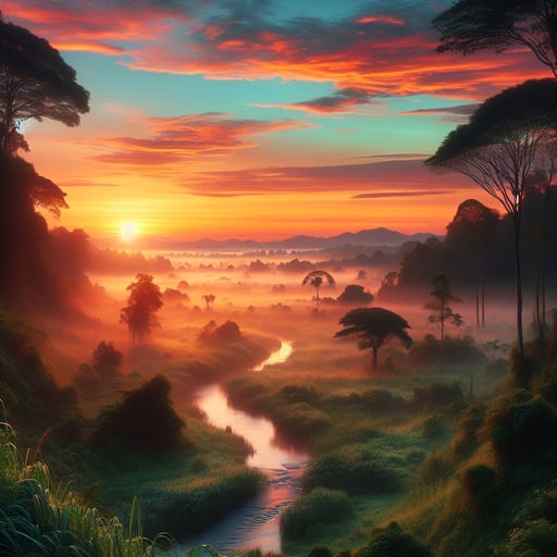 A serene and photorealistic good morning image showcasing the tranquil essence of dawn with vibrant hues of orange, pink, and blue over a peaceful landscape.