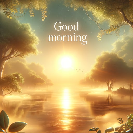 Radiant summer sunrise over a peaceful landscape, with a warmly penned phrase 'Good morning'