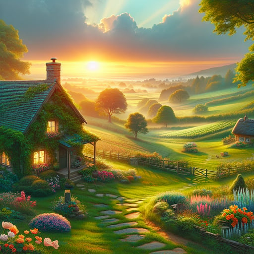 A peaceful countryside morning with a picturesque cottage surrounded by vibrant green fields and blooming flowers, embodying the essence of a good morning image