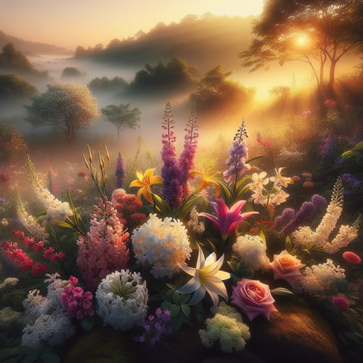 A peaceful good morning image showcasing an array of vibrant, fragrant flowers bathed in gentle sunlight.