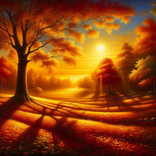 The golden rays of a tranquil and crisp autumn morning igniting the sky in vibrant shades, good morning image.