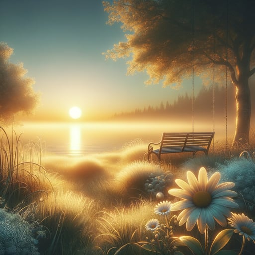 The sun rising over a calm ocean, dew on grass, and wildflowers in sunlight, encapsulating a serene good morning image.