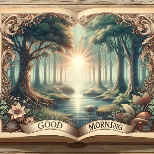 Digital art of a tranquil enchanted forest in morning light emerging from an open book, with the phrase 'Good morning'.