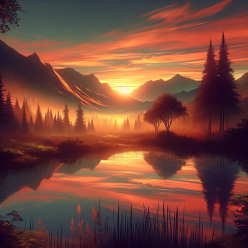 A tranquil good morning image depicting a serene sunrise over mountains, with dew on leaves and a reflection in a silent lake.