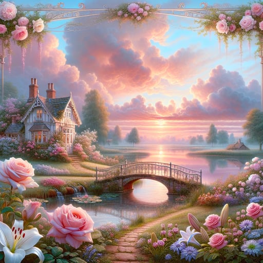 Romantic and tranquil good morning image featuring the rosy light of dawn over a serene lake with a charming garden.