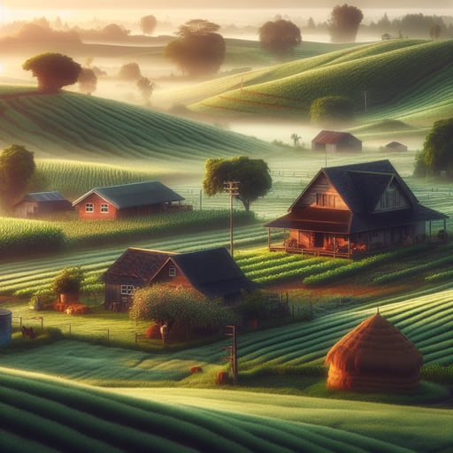A tranquil good morning image of a farm with a rustic barn, farmhouse, and lush fields under the morning light.