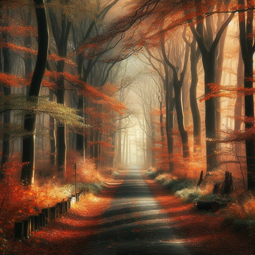 Autumn forest early morning scene with trees in orange, red, and gold, a quiet lane covered in fallen leaves - good morning image.