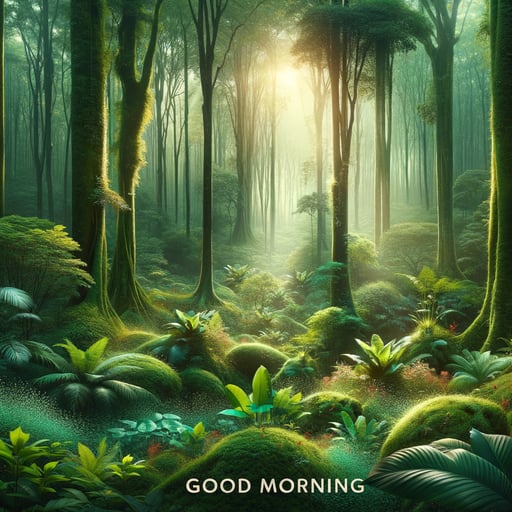 Early morning sunlight filters through a dense and vibrant forest, illuminating the moss, a perfect good morning image.