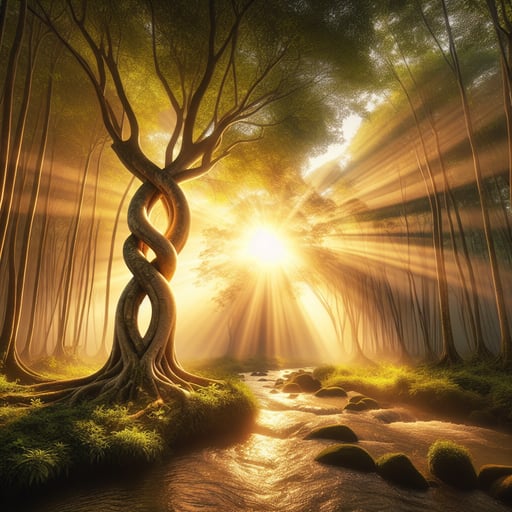 A bright good morning image featuring intertwined tree trunks symbolizing unity and love, bathed in golden sunlight.