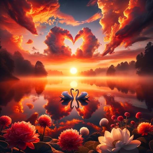 Vibrant sunrise with orange and red hues reflecting on a peaceful lake, swan-shaped clouds above, good morning image.