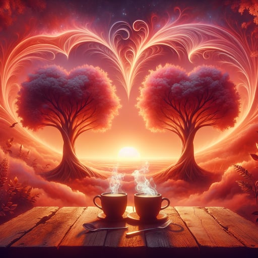 A serene good morning image of intertwined trees with heart-shaped leaves under a gentle, glowing sunrise.