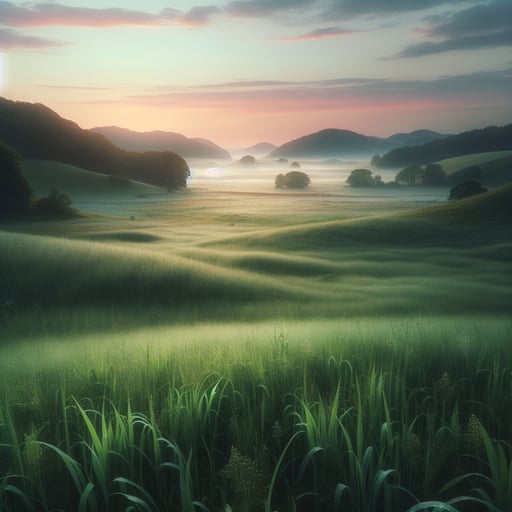 A tranquil countryside at dawn with glistening dew on lush grass, pastel skies signaling a serene good morning image.