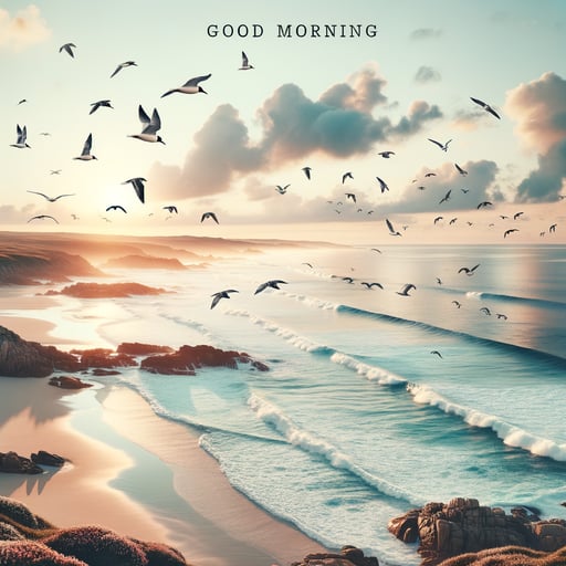 A serene sunrise by the ocean, with waves gently caressing the shore and seabirds in the distance, good morning image.