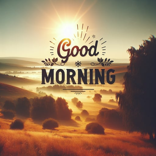 A tranquil scene of a sunlit landscape on a summer morning, devoid of any living beings, with 'Good Morning' text overlay.