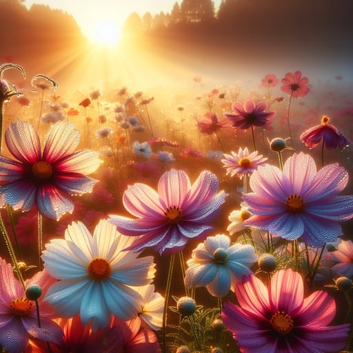 Serene garden at sunrise, full bloom flowers with dew drops, creating a vibrant good morning image.
