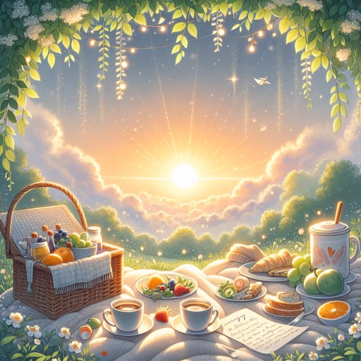 Tranquil early morning scene with sunrise, dewy grass, picnic setup with fruits, coffee, and a love letter, embodying a good morning image.