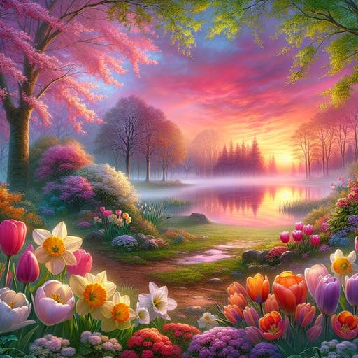 Ethereal good morning image of early dawn with soft pink and orange skies, misty grounds, and blooming flowers reflecting peace and new beginnings.