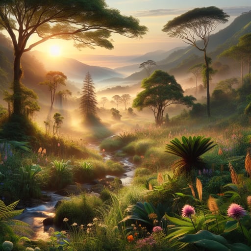 A vibrant early morning scene, with dew-kissed flora and meandering streams beneath a colorful sunrise, embodying nature's resilience. Perfect good morning image.