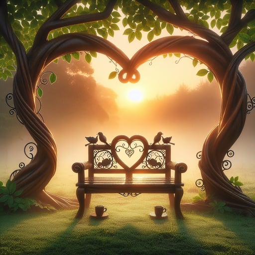 Serene morning scene with intertwined trees, a wooden love-seat, and symbols of companionship, encapsulating a romantic union good morning image.