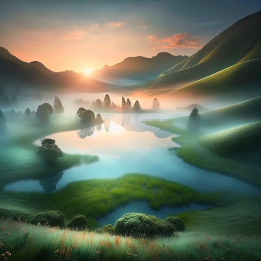 A tranquil early morning landscape showing a misty meadow and a still lake bathed in dawn's gentle hues, embodying a perfect good morning image.