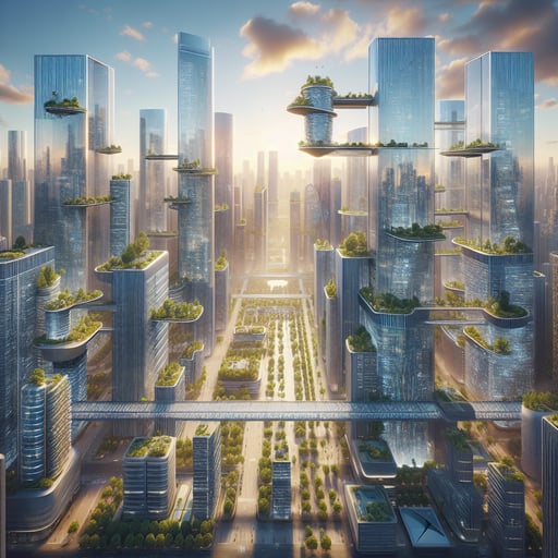 Good morning image of a futuristic city with solar-powered skyscrapers, vertical gardens and interconnected aerial walkways.
