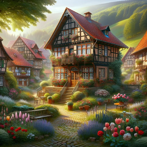 A tranquil morning in the countryside with quaint cottages, verdant hills, and a colorful bloom of roses, tulips, and lilies under a bright sky - good morning image.