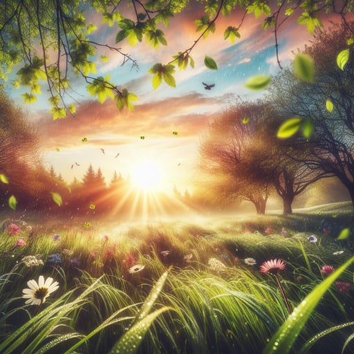 A tranquil morning scene with flowers swaying in the breeze, fresh dew on grass, and the sun rising in a colorful sky.