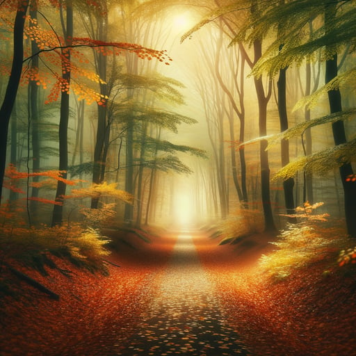 A serene autumn walk through a tranquil forest, the ground adorned with vibrant fallen leaves under the gentle morning sun.