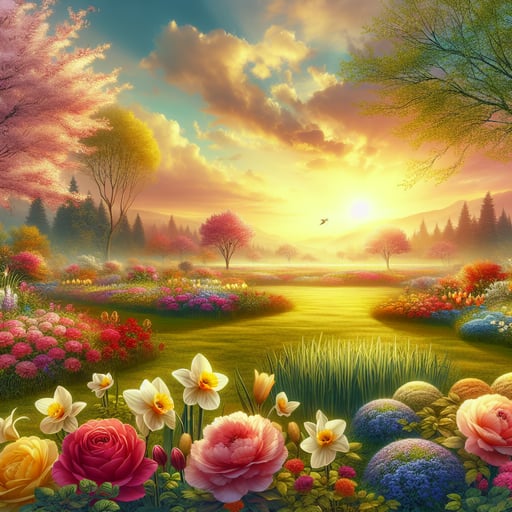 Vivid good morning image showcasing a serene landscape filled with multicolored floral blossoms under a rising sun.