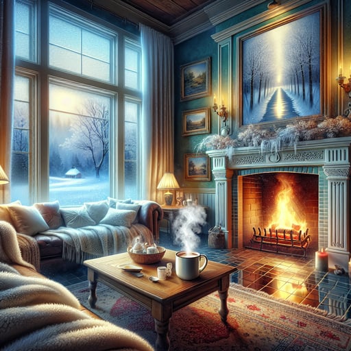 A serene living room in the morning with a cozy fireplace and a steaming mug on the table signifies a good morning image.