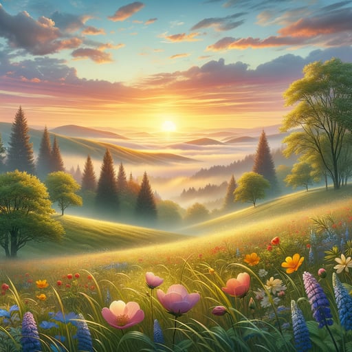 A tranquil good morning image depicting rolling hills with dew-kissed grass, a colorful sunrise, and budding trees.