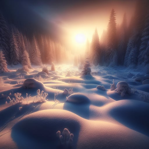 Good morning image of a peaceful winter landscape, bathed in the soft glow of sunrise, highlighting the pristine snow.
