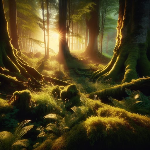 A warm, golden glow illuminates a serene forest with moss-covered trees and glistening undergrowth in this good morning image.