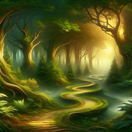 Serene good morning image of a misty forest with winding paths, rich foliage, and a mysterious atmosphere, perfect for a peaceful start to the day.