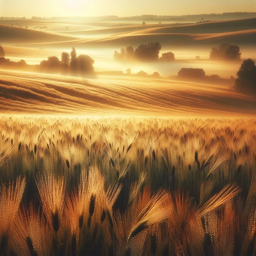 Good morning image of a serene pastoral countryside with golden sunlight and dew-kissed crops