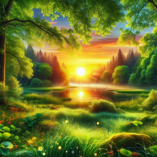 Vibrant sunrise over a tranquil lake with dew on lush grass, capturing the essence of a refreshing good morning image.