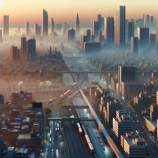 A photorealistic visual of a bustling cityscape at dawn, capturing the essence of urban life and ambition without a single soul in sight, focusing on the architectural beauty and the intricate transport system.