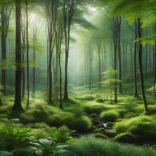 Good morning image of a tranquil forest with lush green trees and morning dew, evoking peacefulness and renewal.