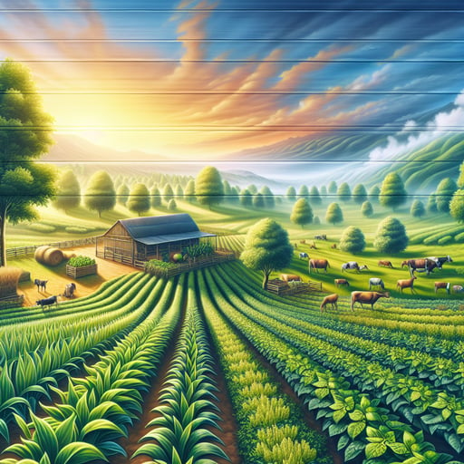 A good morning image showcasing flourishing farm crops basking in the morning light, with thriving animals in green pastures, creating a serene, inviting atmosphere.