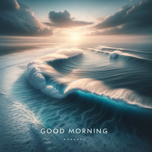 A serene good morning image of the ocean at dawn, with waves greeting the shore under a pastel sky.