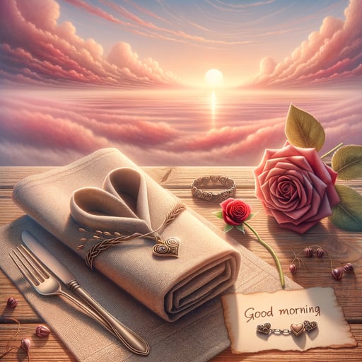 A tranquil good morning image of a sunrise with a heart-shaped napkin, charm bracelet, red rose, and a sweet note.