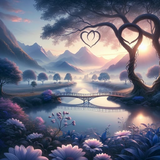 A serene good morning image of intertwined trees forming a heart over a calm river, with a footbridge and distant mountains.