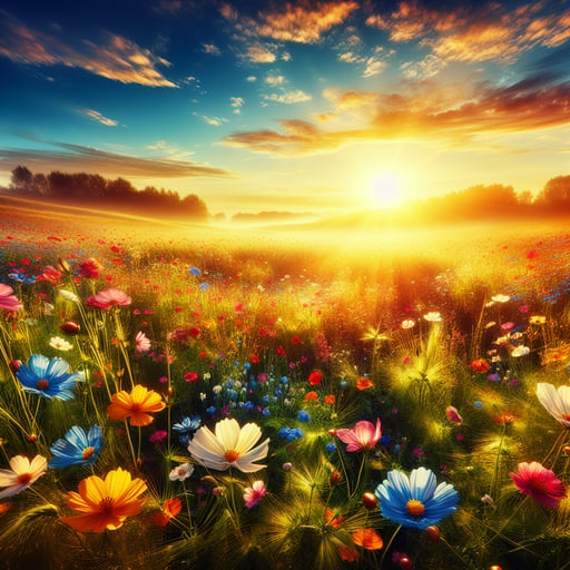 Tranquil summer morning with a golden sunrise illuminating a vibrant landscape of blooming flowers and lush greenery, perfect as a good morning image.