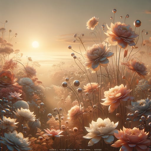 Ethereal good morning image of delicate flowers in a tranquil, picturesque morning landscape with soft sunrise.