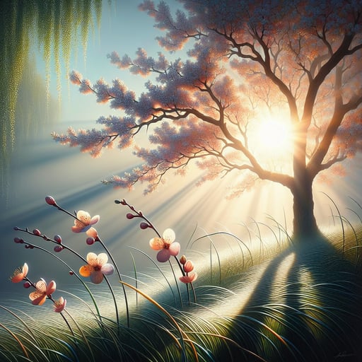 A serene good morning image capturing the essence of spring with gentle sunrise, quivering young blossoms, and a vibrant, energized landscape.